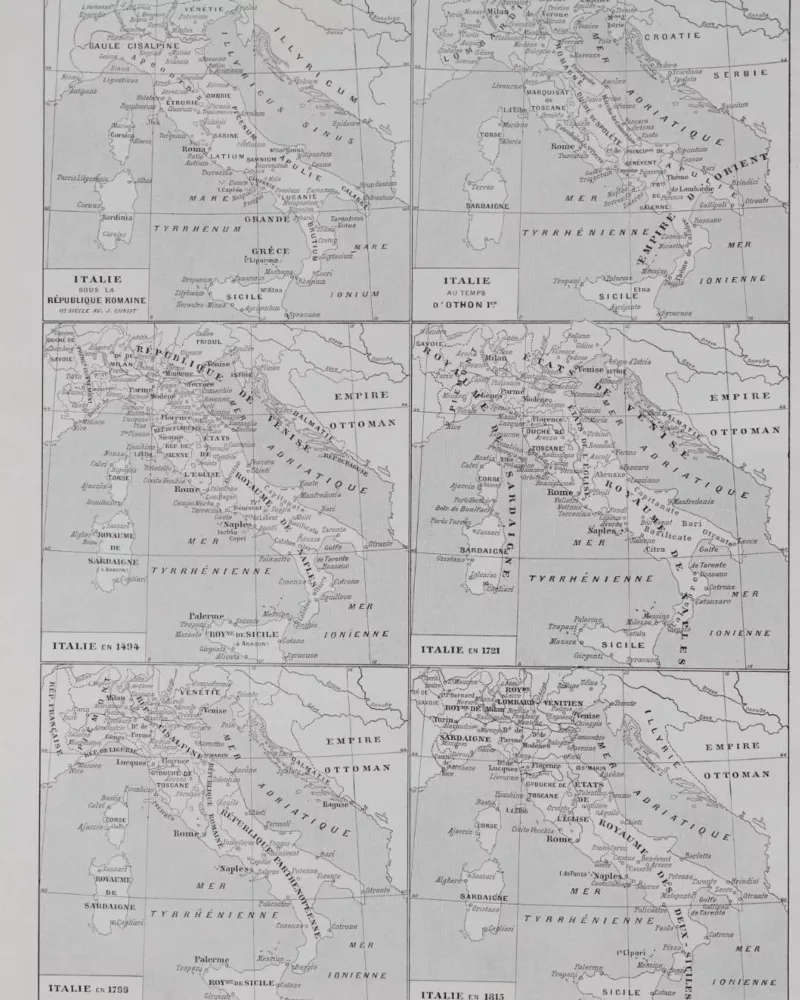 A20-7-1 Italie, carte historique en couleurs, planche 1930 – verso du document ancien