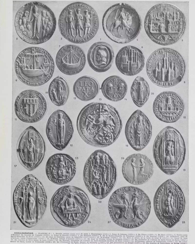 Sigillographie, 54 sceaux historiques, planche 1930 – verso du document ancien