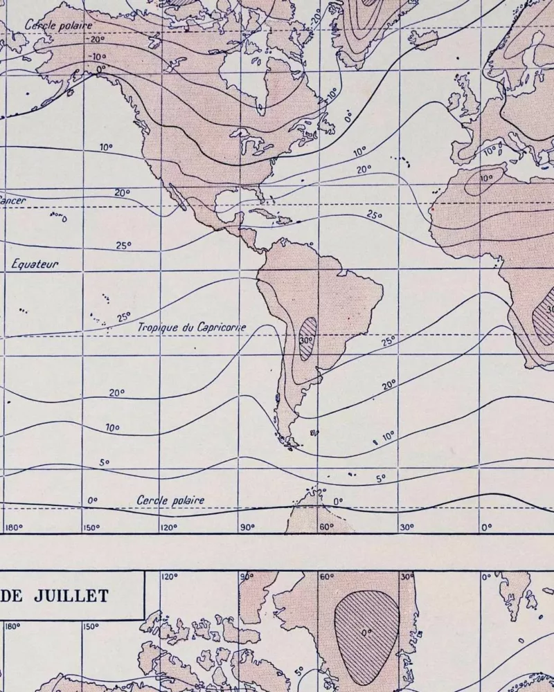 Climat du monde, isobares et isothermes, carte 1930 – verso encadré en décoration murale