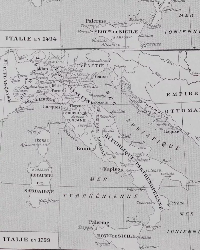 A22-7-1 Italie, carte historique en couleurs, planche 1930 – verso encadré en décoration murale