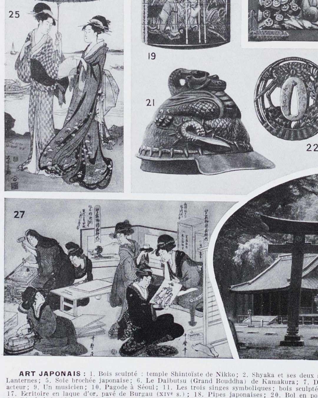 Détail des illustrations d'art japonais d'une planche encyclopédique ancienne