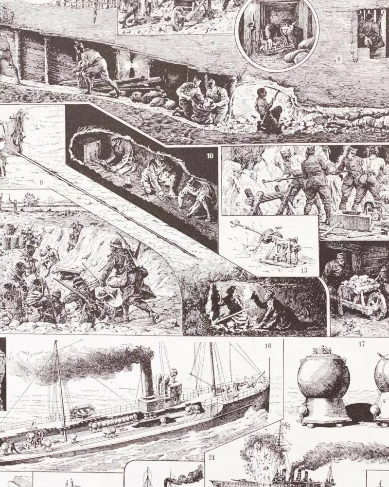 Guerre de mines terrestre et navale, planche 1930 – planche ancienne entière