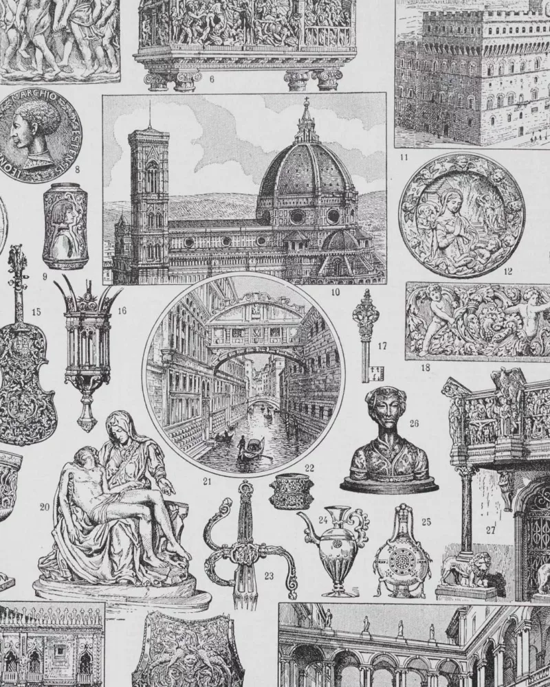 B10-2 Renaissance italienne, Michel-Ange, Donatello et Cellini, planche 1930 – planche ancienne entière