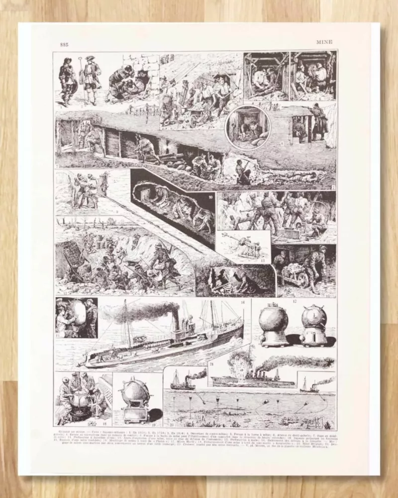 Guerre de mines terrestre et navale, planche 1930 – planche ancienne entière