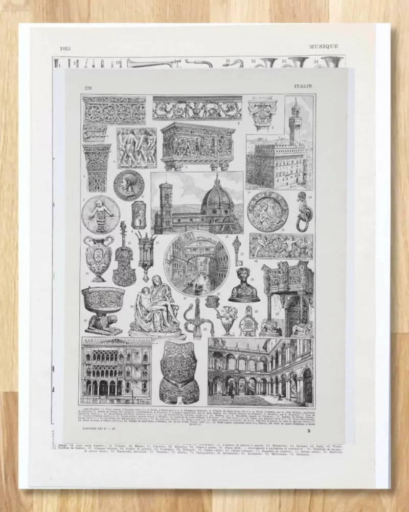 B11-2 Renaissance italienne, Michel-Ange, Donatello et Cellini, planche 1930 – planche ancienne entière