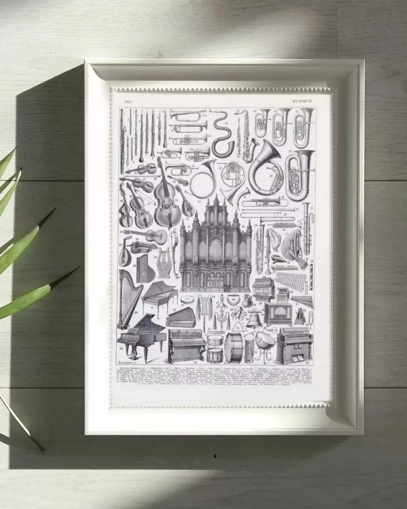 Instruments de musique, planche originale 1930 – planche encadrée en décoration murale
