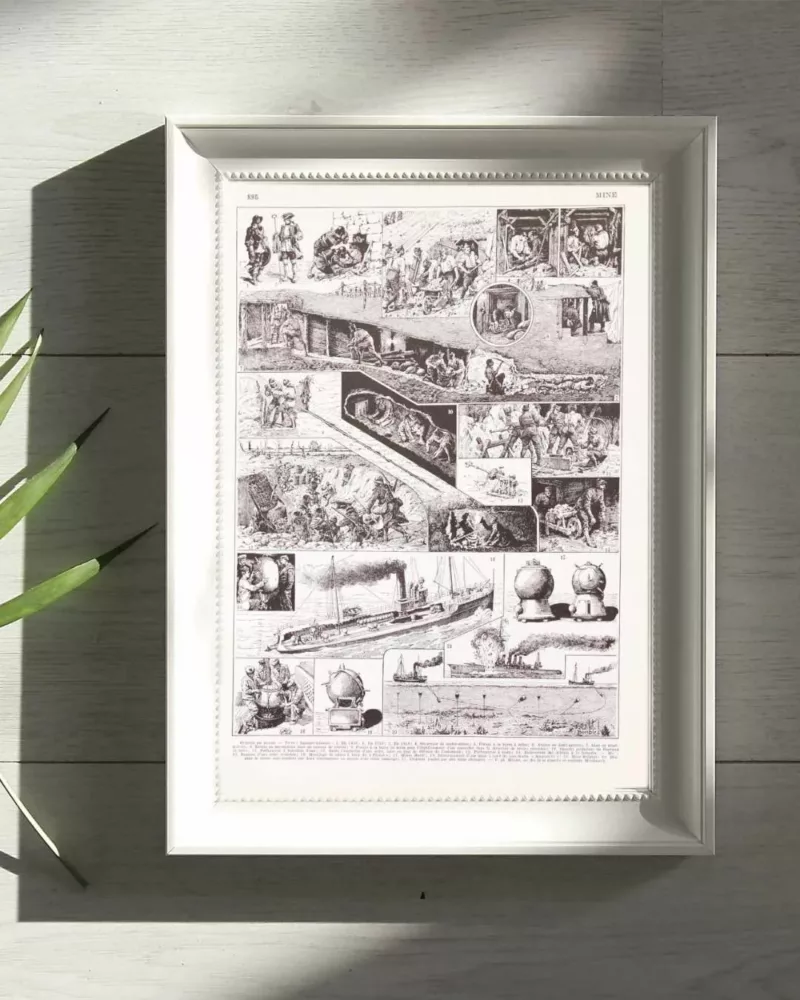Guerre de mines terrestre et navale, planche 1930 – planche encadrée en décoration murale