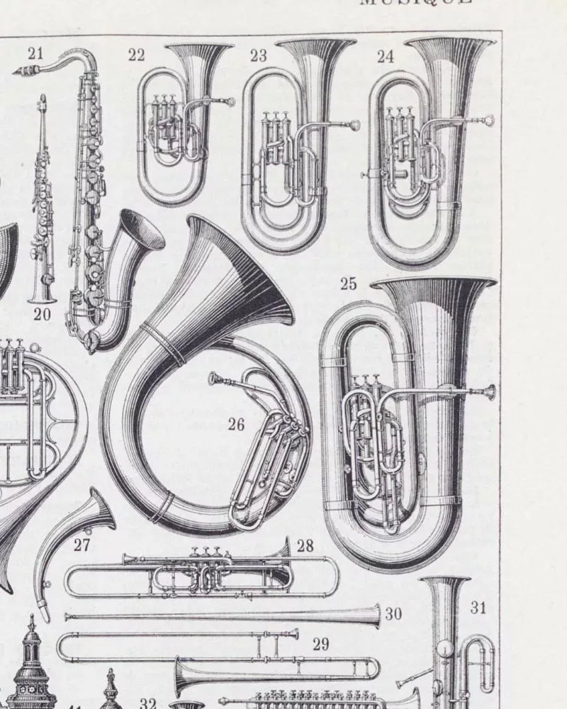 Instruments de musique, planche originale 1930 – détail de la planche ancienne