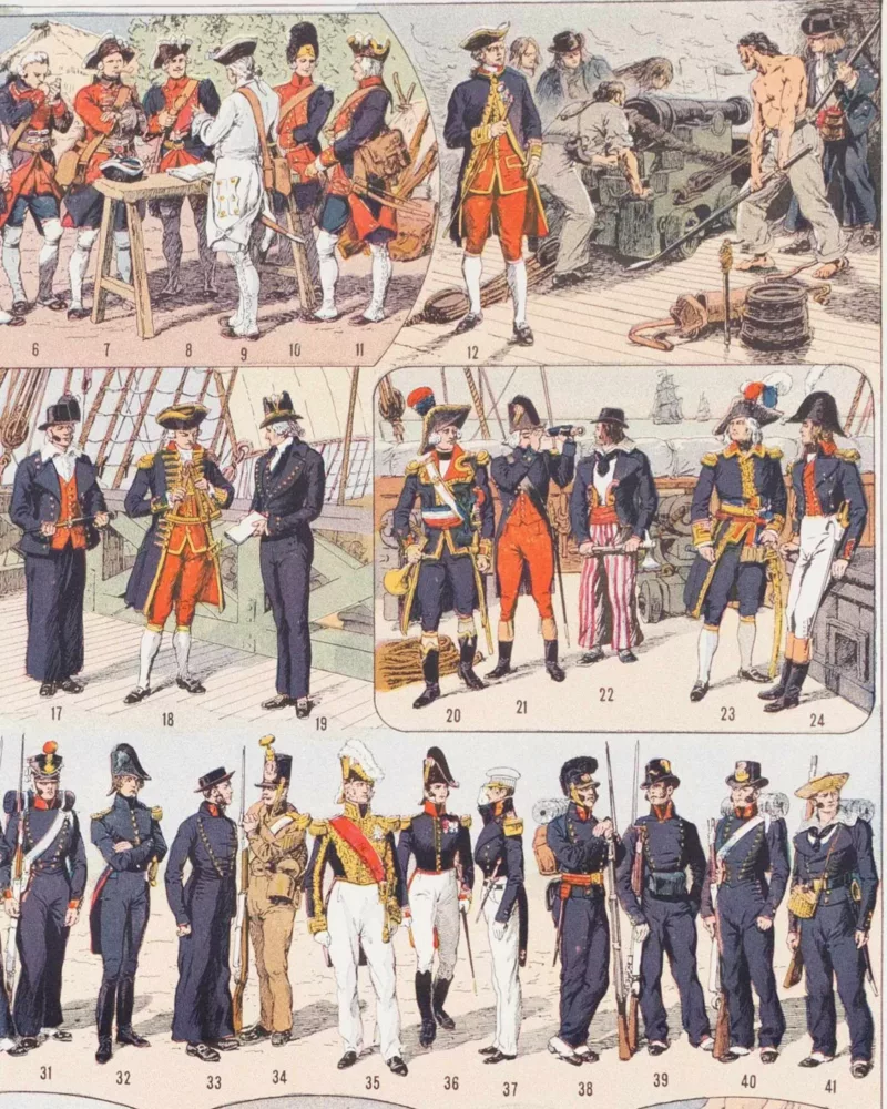 B13-1 Marine française, uniformes 1690-1930, planche 1930 – détail de la planche ancienne