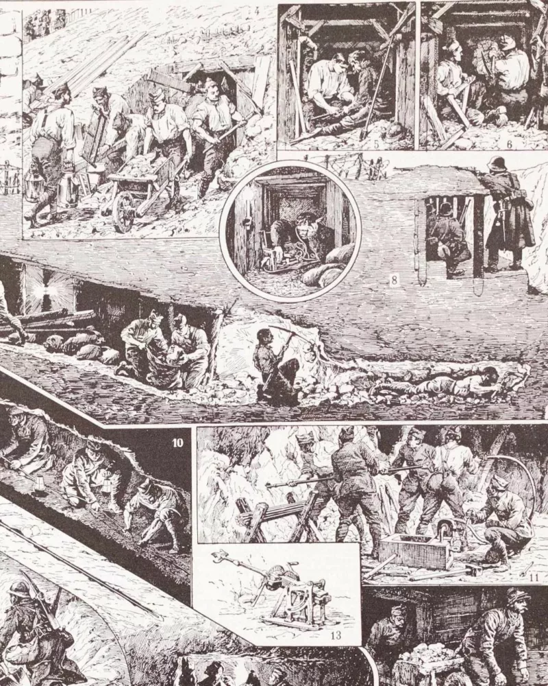 Guerre de mines terrestre et navale, planche 1930 – détail de la planche ancienne