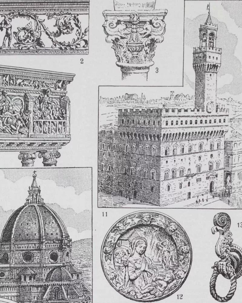 B13-3 Renaissance italienne, Michel-Ange, Donatello et Cellini, planche 1930 – détail de la planche ancienne