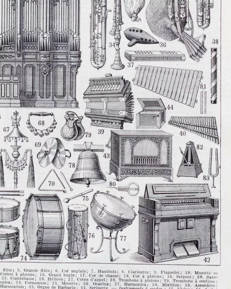 Instruments de musique, planche originale 1930 – détail de la planche ancienne