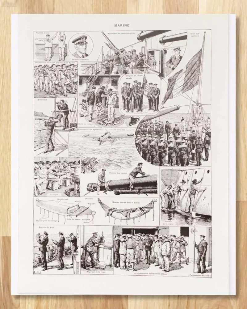 B20 Marine française, uniformes 1690-1930, planche 1930 – verso du document ancien