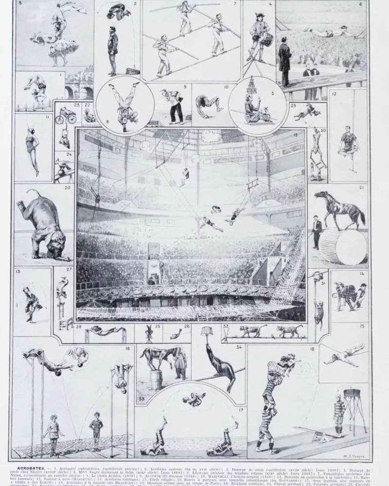 XX1-Acrobates-cirque-A20 Acrobates du cirque, planche illustrée originale 1928 – verso du document ancien