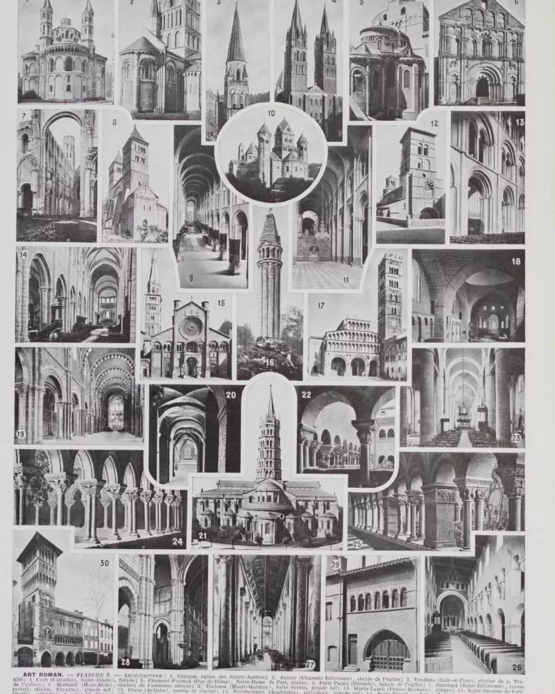 Art roman, architecture et sculpture, planche 1930 – planche ancienne entière