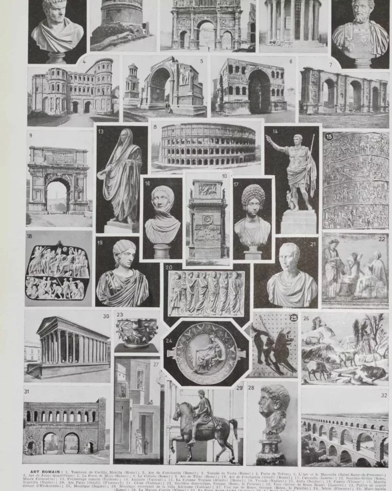 Empire romain, carte historique et art romain, planche 1930 – planche ancienne entière