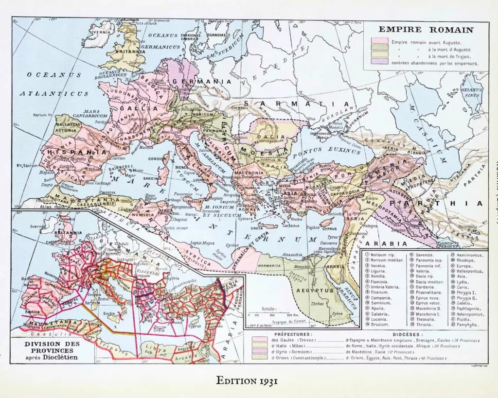 Empire romain, carte historique et art romain, planche 1930