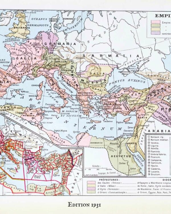 Empire romain, carte historique et art romain, planche 1930