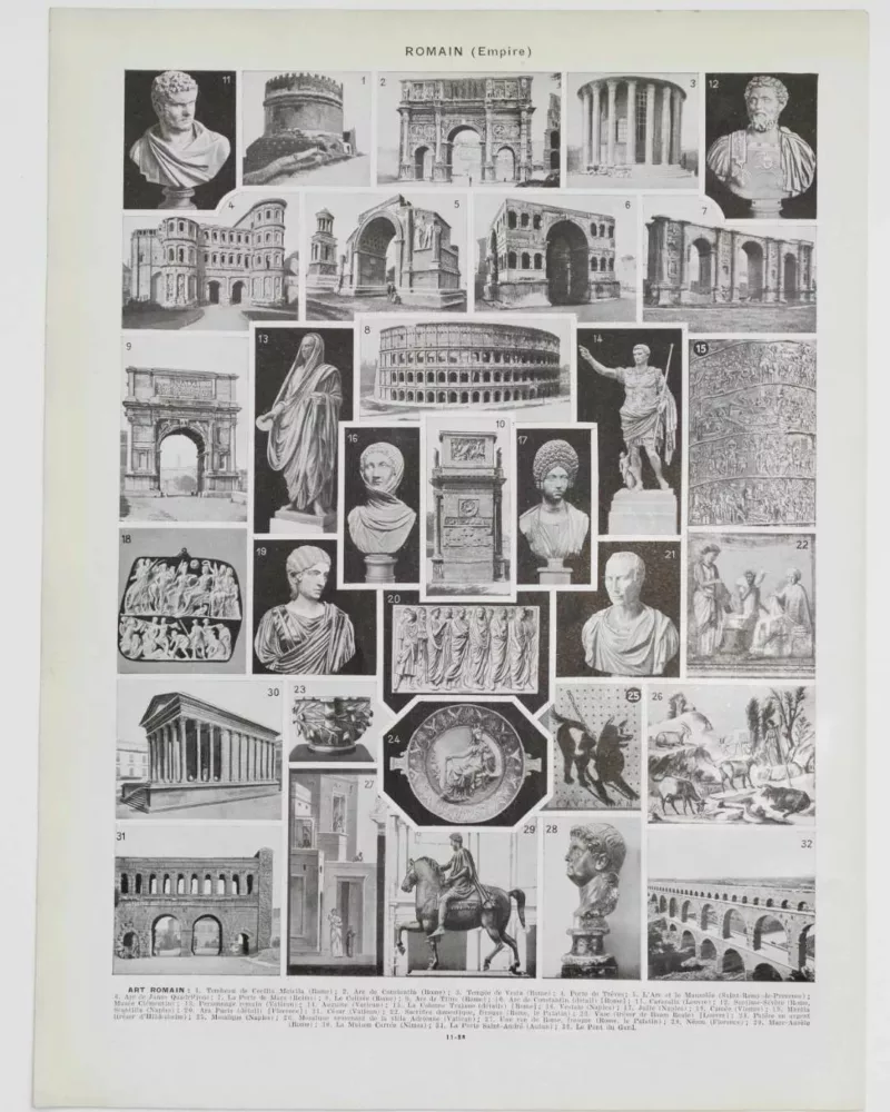 Empire romain, carte historique et art romain, planche 1930 – planche ancienne entière