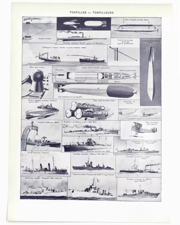 Sous-marins et torpilleurs, planche encyclopédique 1930