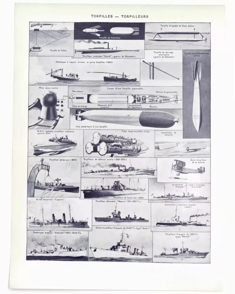 Sous-marins et torpilleurs, planche encyclopédique 1930