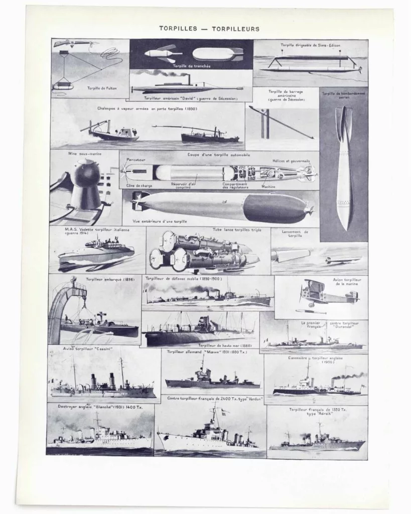 Sous-marins et torpilleurs, planche encyclopédique 1930