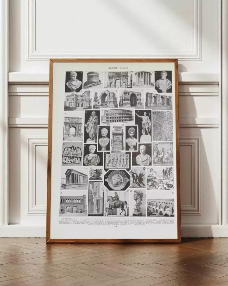 Empire romain, carte historique et art romain, planche 1930 – planche encadrée en décoration murale
