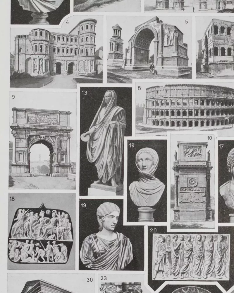 Empire romain, carte historique et art romain, planche 1930 – détail de la planche ancienne