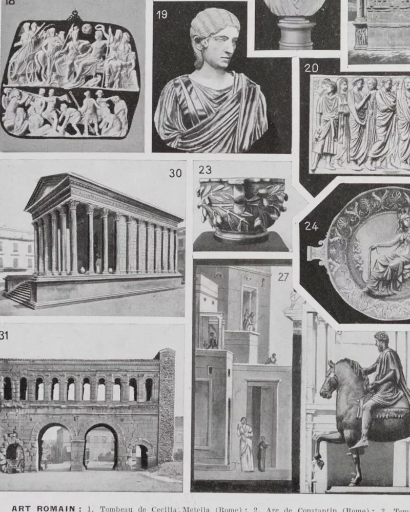 Empire romain, carte historique et art romain, planche 1930 – détail de la planche ancienne