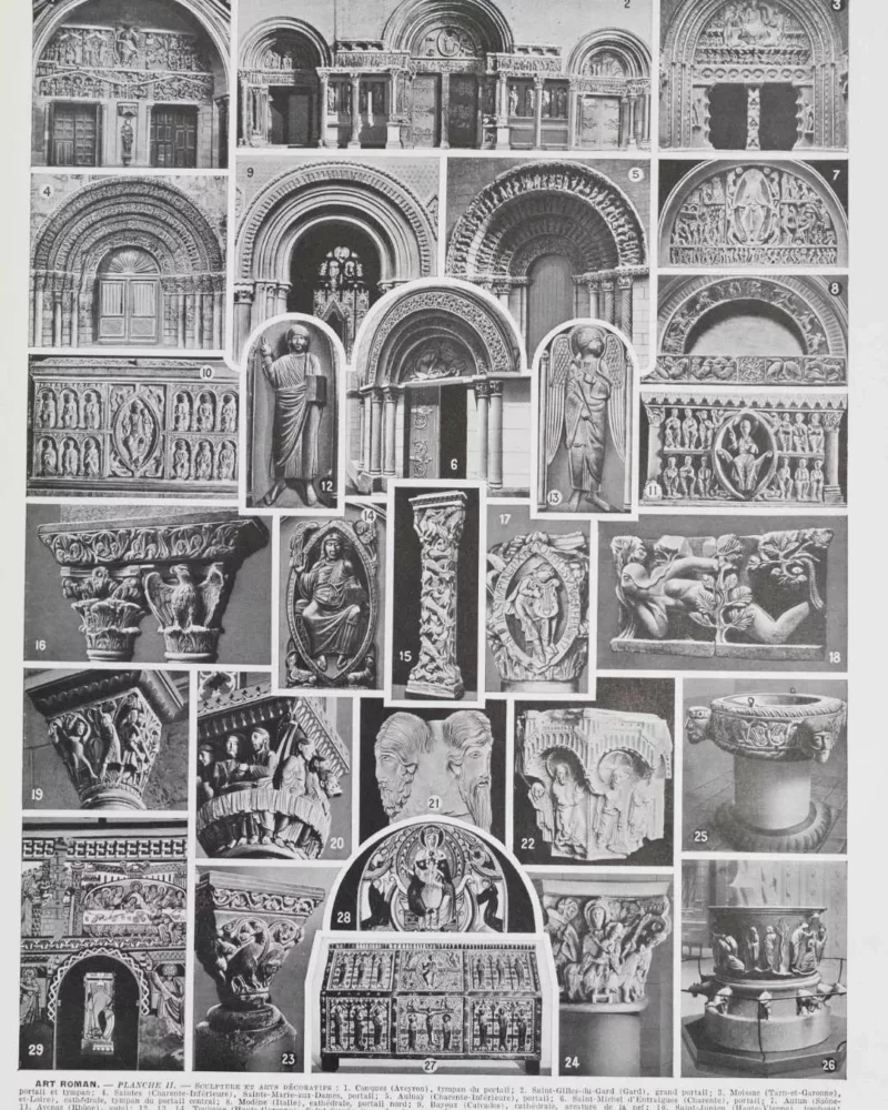 Art roman, architecture et sculpture, planche 1930 – verso du document ancien