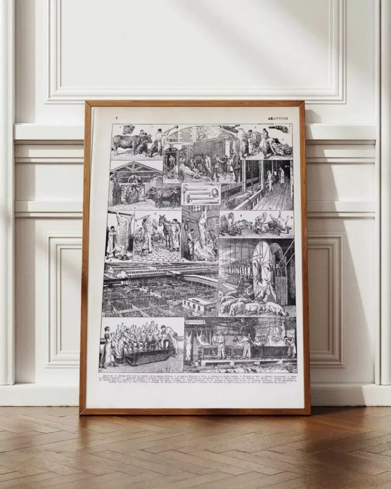 Planche ancienne abattoir, gravure originale années 1930 – planche encadrée en décoration murale