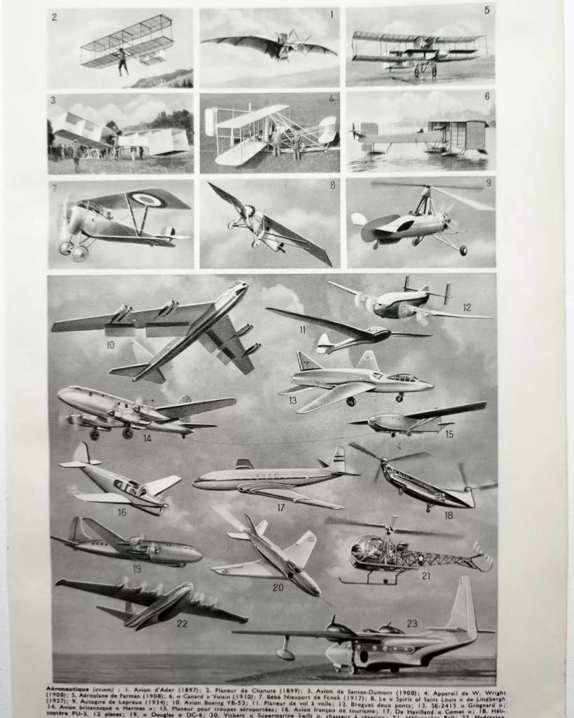 Aéronautique, aviation et ballons, planche originale 1948