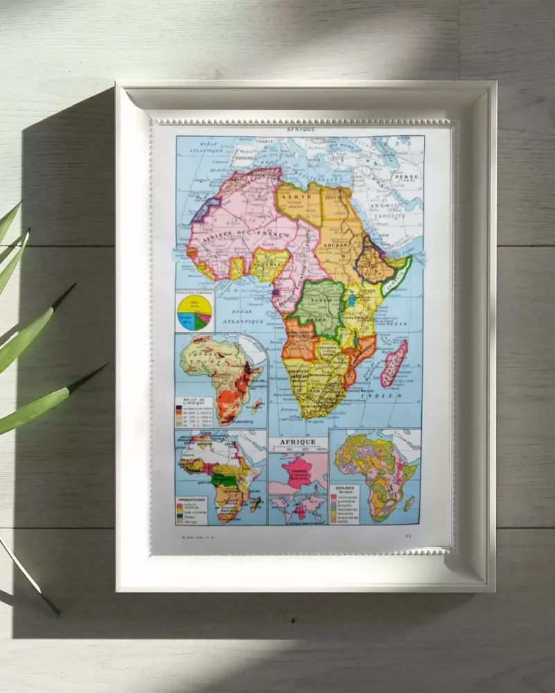 Afrique, carte politique et thématique 1948 – planche encadrée en décoration murale