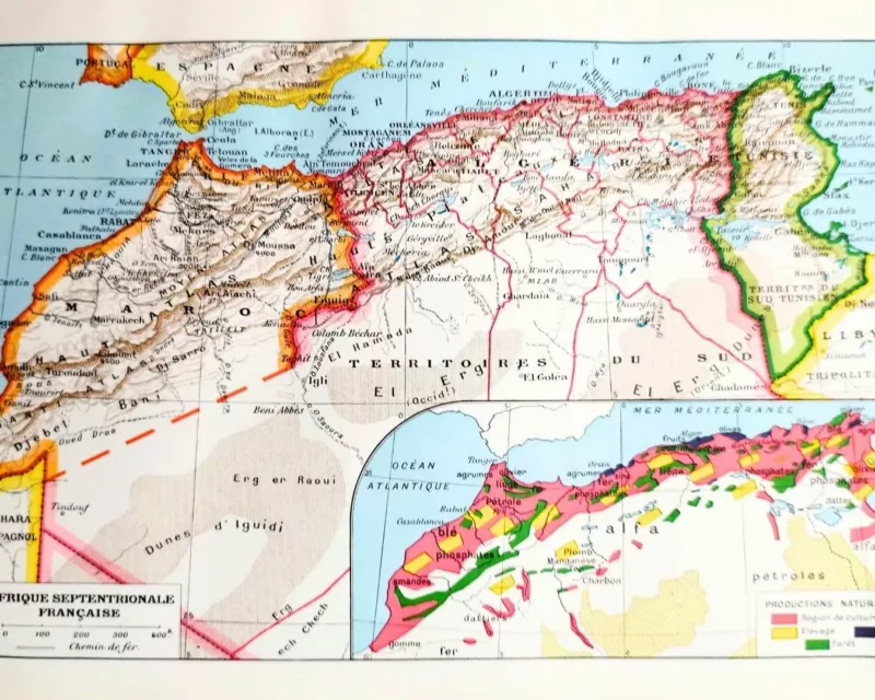 Afrique du Nord, carte politique et thématique 1948 – planche ancienne entière
