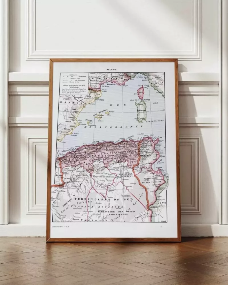 Carte ancienne Algérie, planche originale années 1930 – planche encadrée en décoration murale