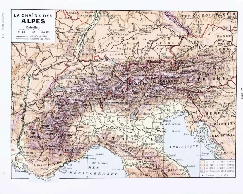 Carte ancienne Alpes, planche originale années 1930 – planche ancienne entière
