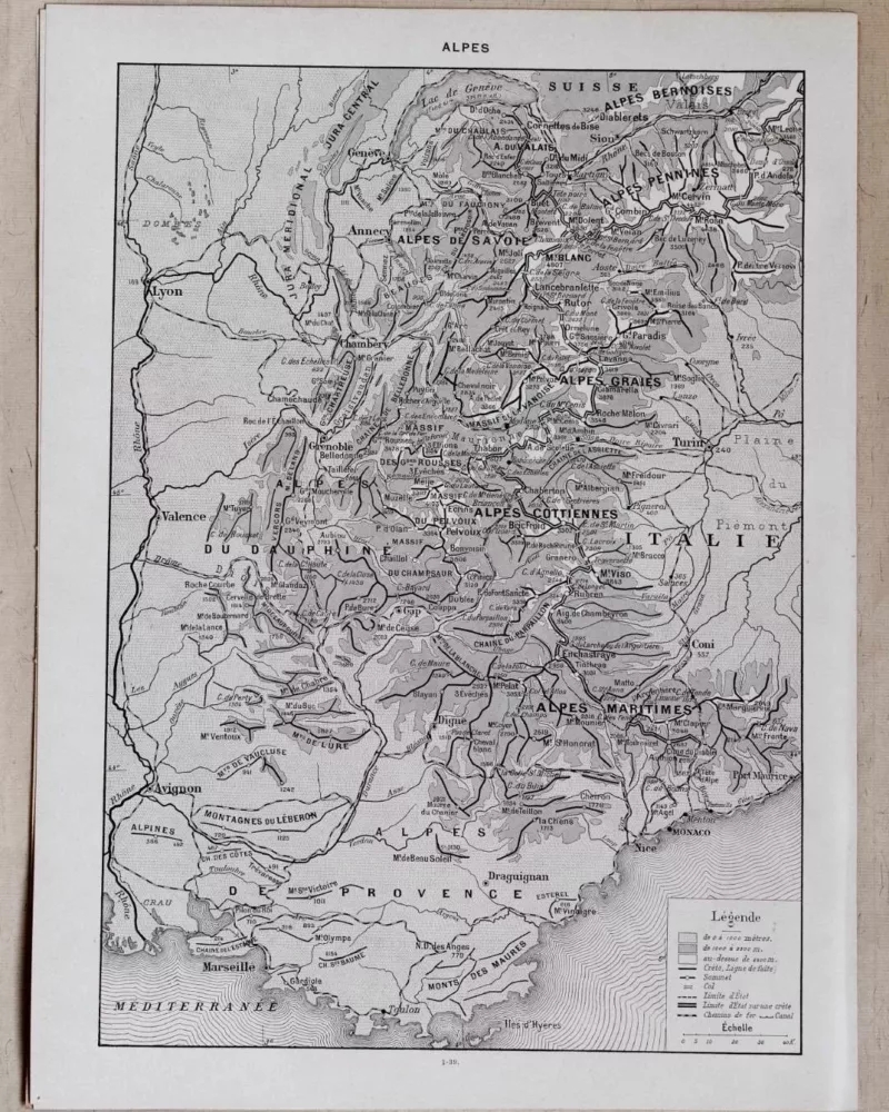 Carte ancienne Alpes, planche originale années 1930 – planche ancienne entière