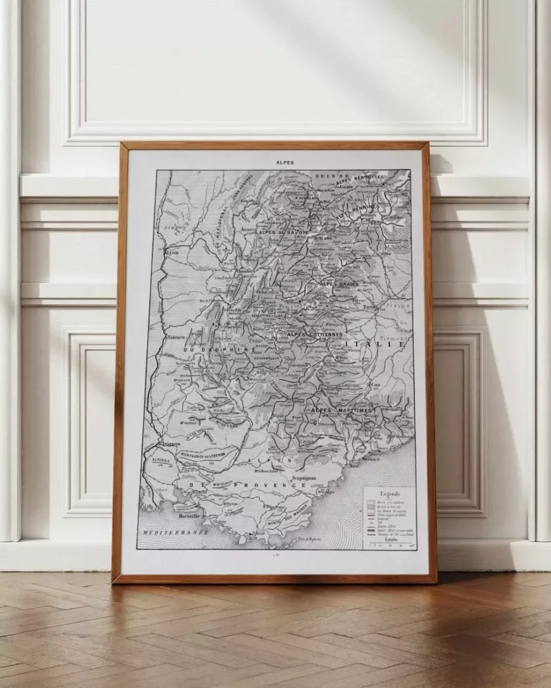 Carte ancienne Alpes, planche originale années 1930 – planche encadrée en décoration murale
