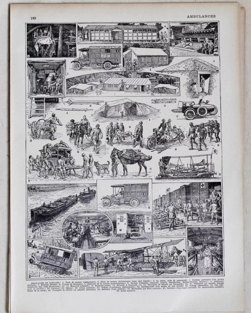 Ambulances et secours militaires, planche ancienne années 1930