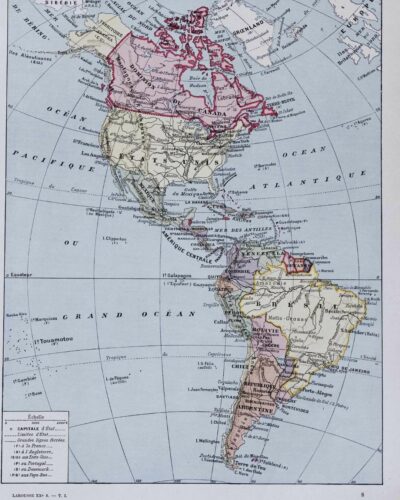 Amérique, carte ancienne et planche géographique années 1930