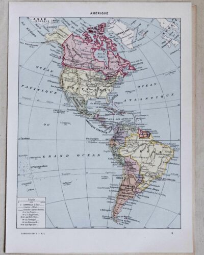 Amérique, carte ancienne et planche géographique années 1930