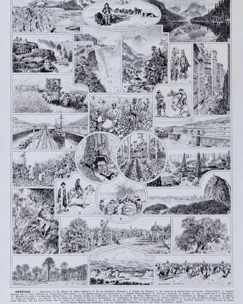 Amérique, carte ancienne et planche géographique années 1930 – verso du document ancien