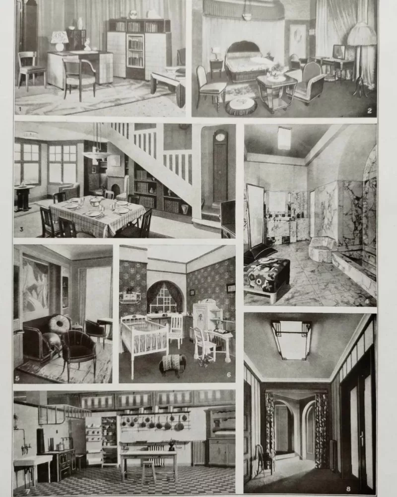 Ameublement et intérieurs modernes, planche décorative 1930 – verso du document ancien