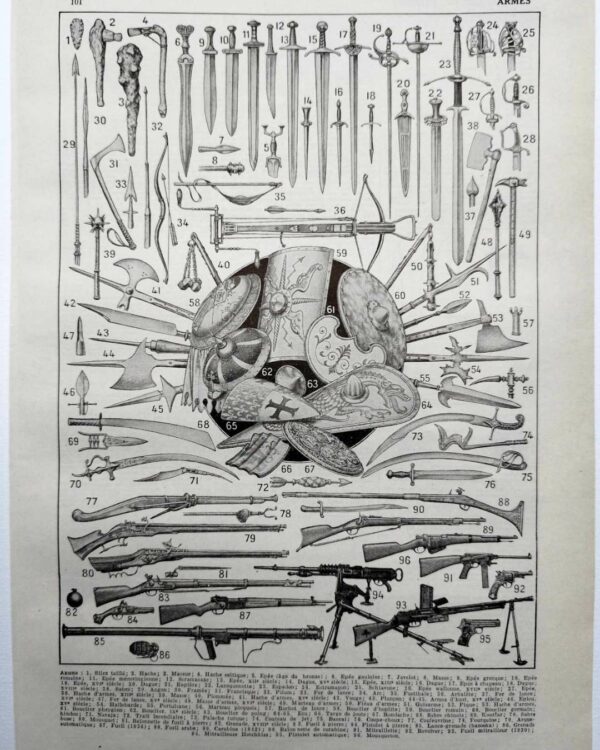 Armes, planche historique originale vers 1950