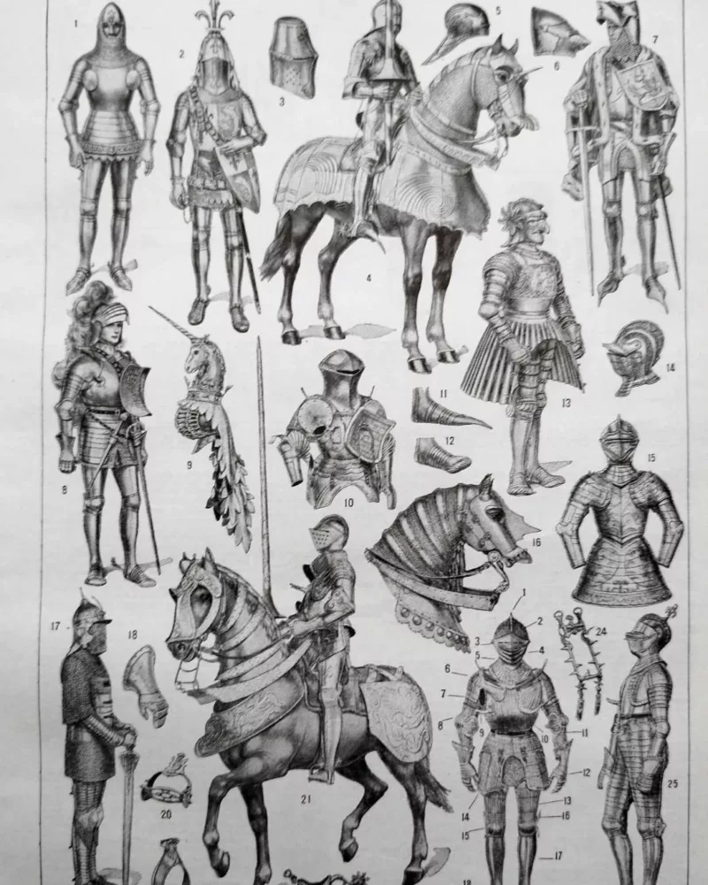Armures, planche historique de Chéri Hérouard vers 1950 – planche ancienne entière