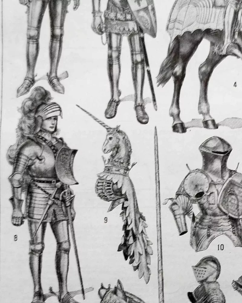Armures, planche historique de Chéri Hérouard vers 1950 – détail de la planche ancienne