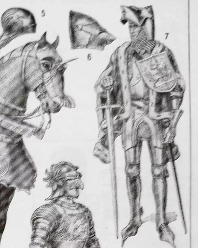 Armures, planche historique de Chéri Hérouard vers 1950 – détail de la planche ancienne