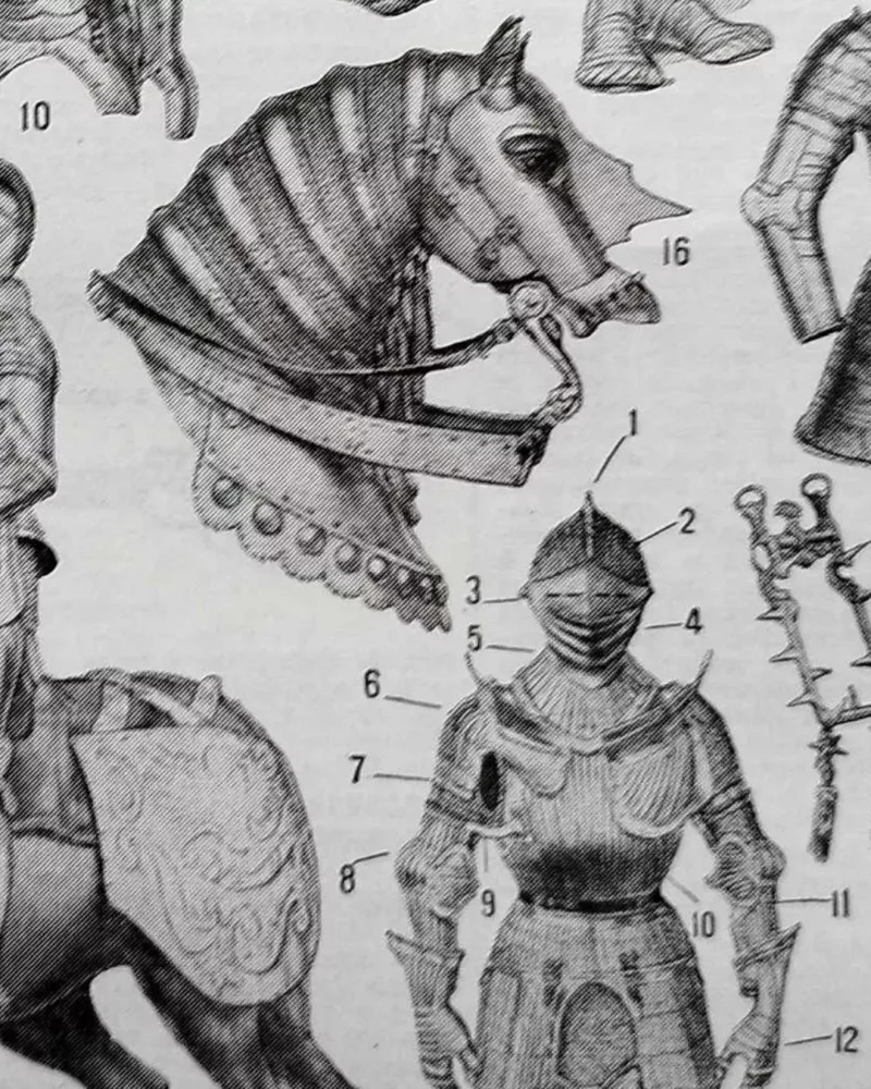 Armures, planche historique de Chéri Hérouard vers 1950 – détail de la planche ancienne