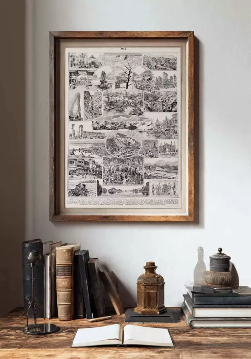 Asie, scènes historiques et carte géopolitique, planche 1930