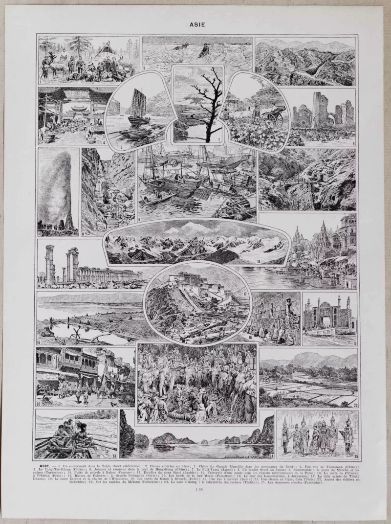 Asie, scènes historiques et carte géopolitique, planche 1930